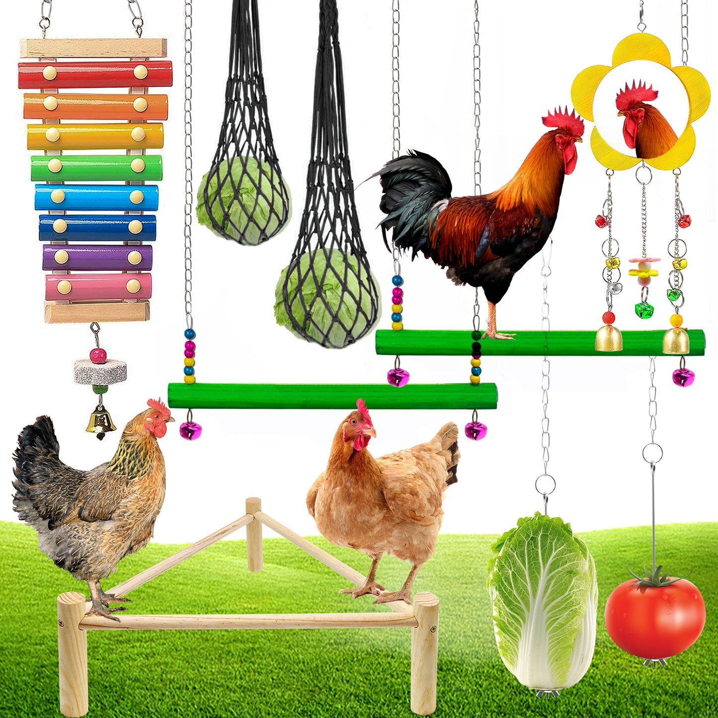 9 Pack Chicken Toys, Chicken Coop Accessories with 1 Chicken Wood Stand, 2 Chicken Swing, 1 Chicken Mirror, 1 Chicken Xylophone, 2 Vegetable Net Bag, 2 Vegetable Fruits Hanging Fork