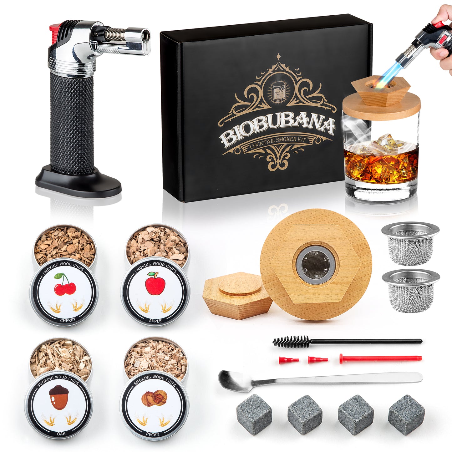 Cocktail Smoker Kit with Torch, whiskey smoker kit with 4 Flavors Wood Chips of Oak, Walnut, Pearwood, Mahogany, Old-fashioned Smoker Kit with a Diamond Shaped Wood Chimney, 4 Ice Stone, Gift for Men