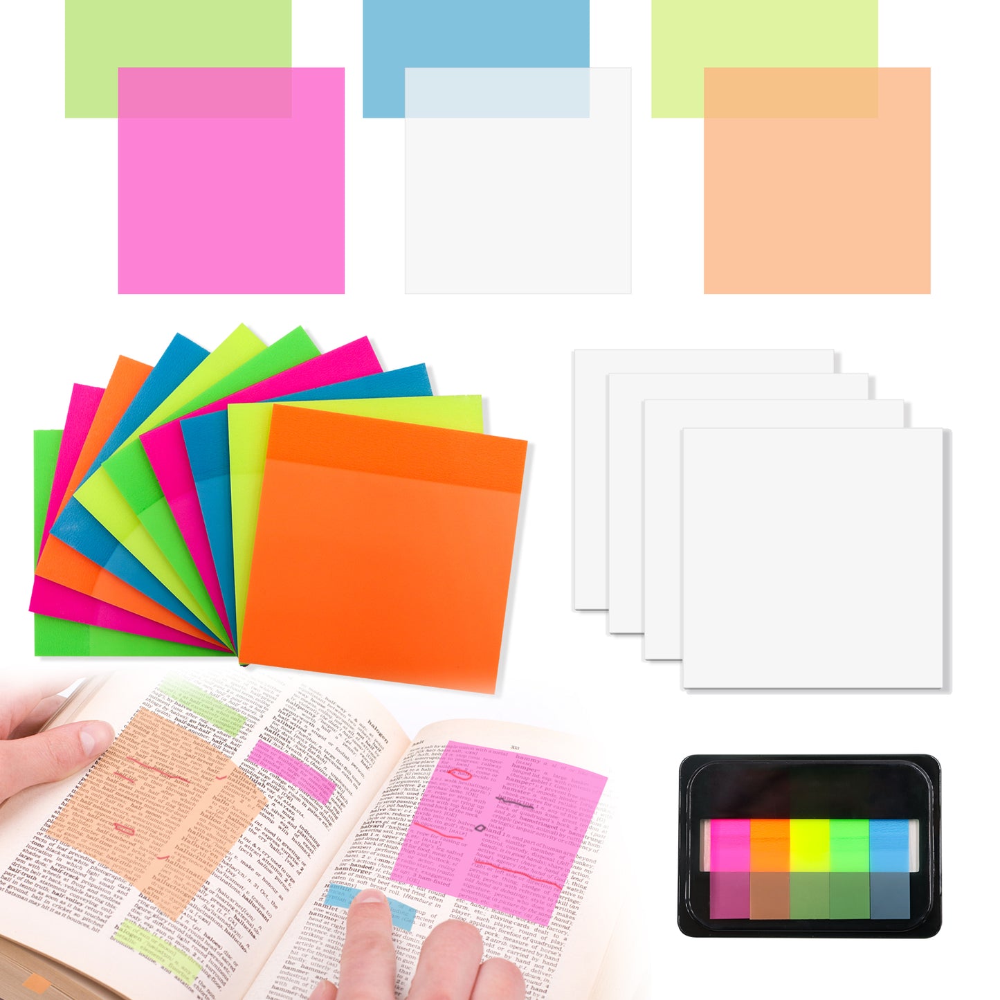 800 Sheets Transparent Sticky Notes, 14 Pads of Clear Translucent See-Through 3x3 Inch Waterproof Self-Adhesive Annotating Books Page Markers Notes with Multiolor for Office School Planner Supplies
